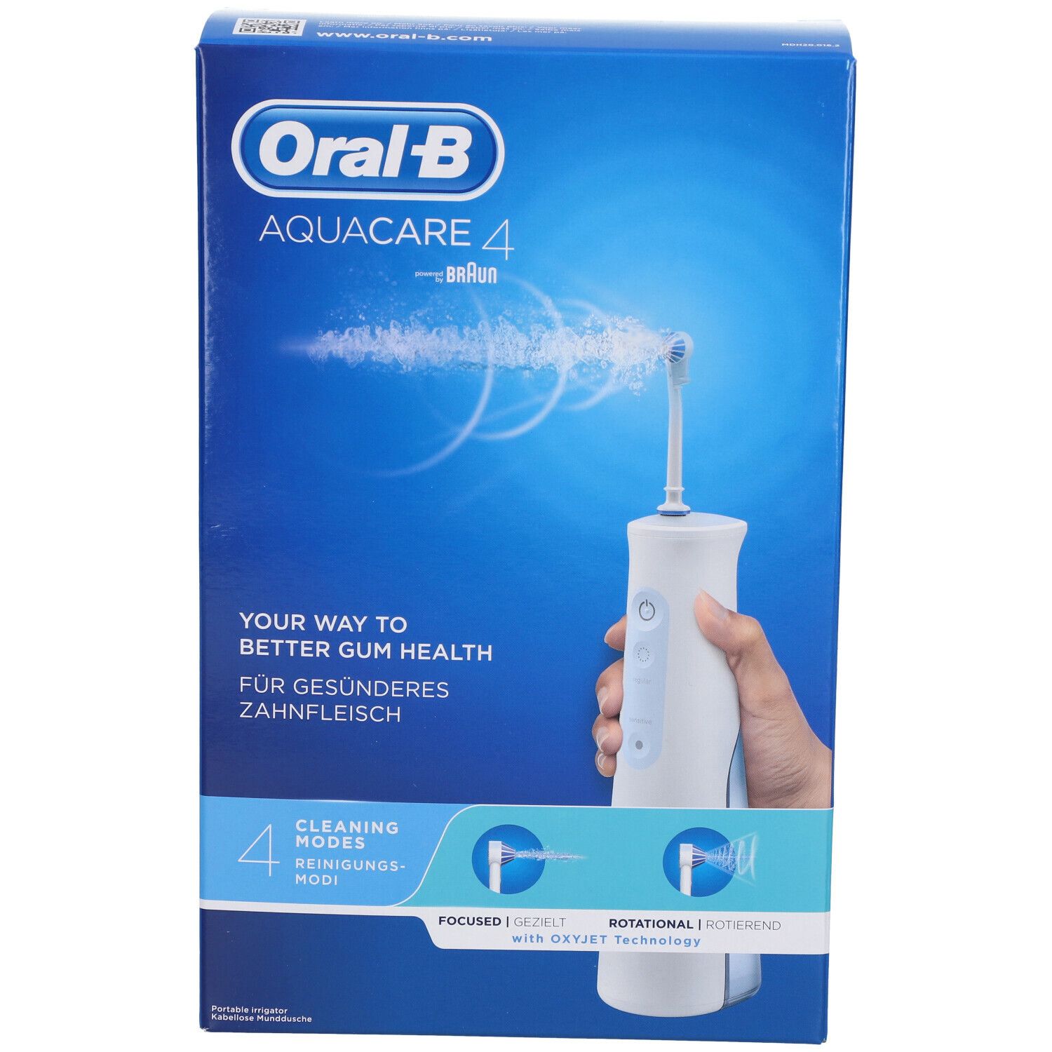 Confezione blu e bianca. Oral-B Aquacare 4, Braun. Testo: Your way to better gum health. 4 modalità di pulizia.