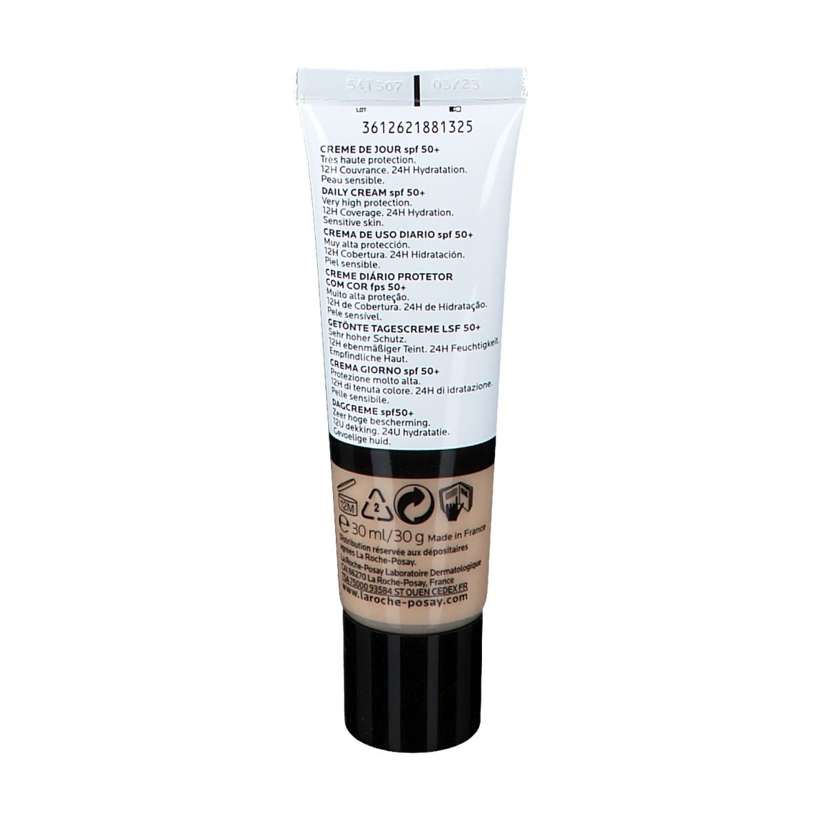 Dos du tube de crème. Texte multilingue. Marque La Roche-Posay. 30 ml.