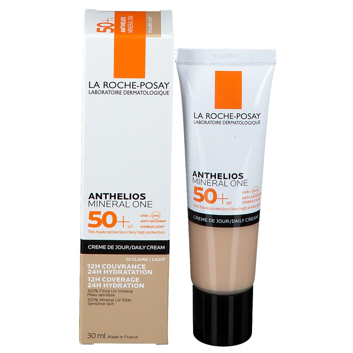 Emballage du produit et tube de crème. Marque La Roche-Posay. Anthelios Mineral One 50+.