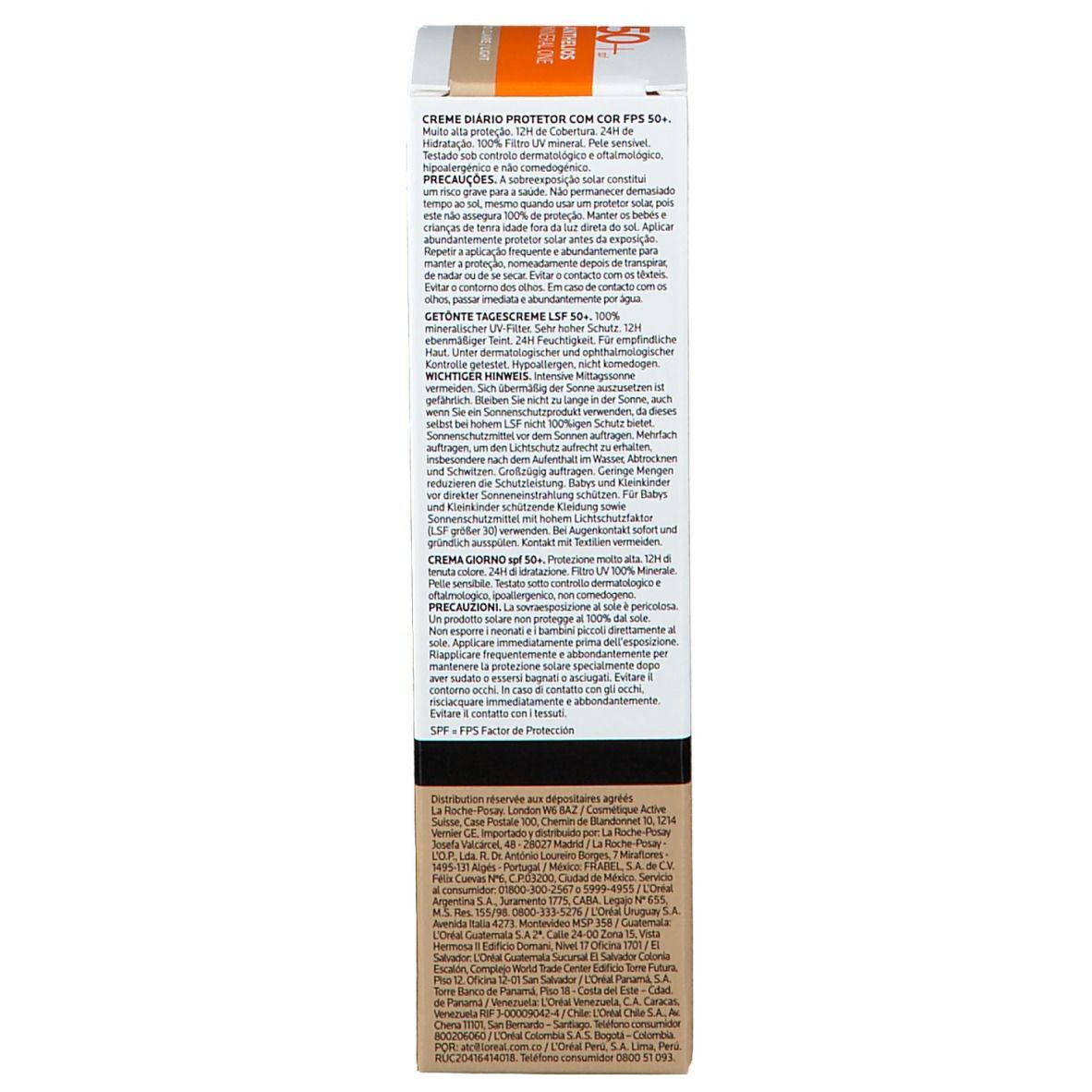 Emballage du produit. Texte multilingue. Marque La Roche-Posay. Anthelios Mineral One.