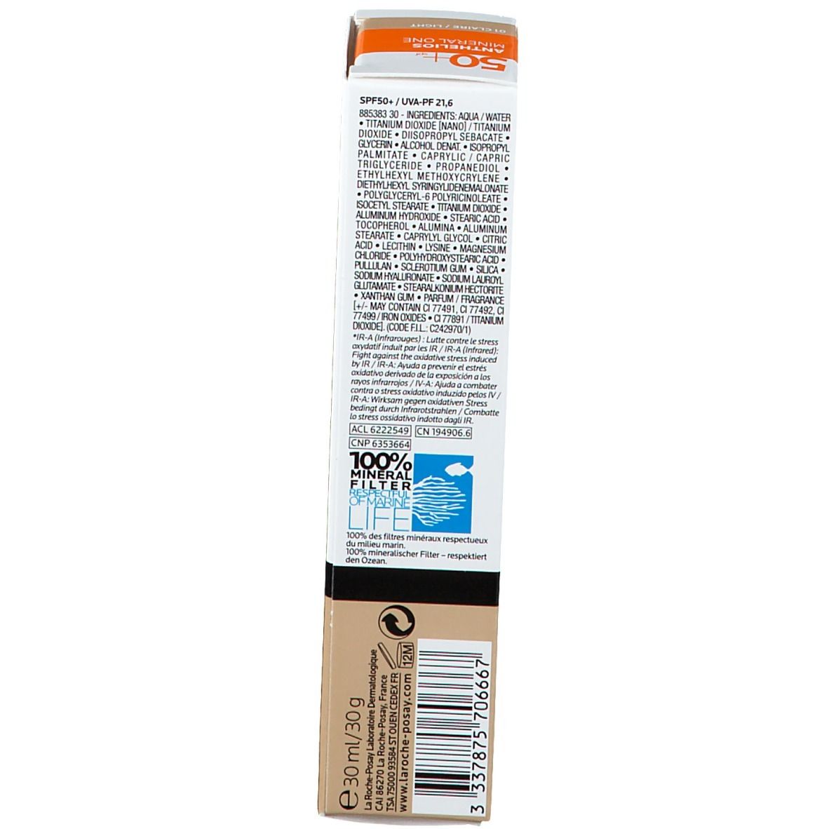 Emballage du produit. Ingrédients et informations. Marque La Roche-Posay. 30 ml.