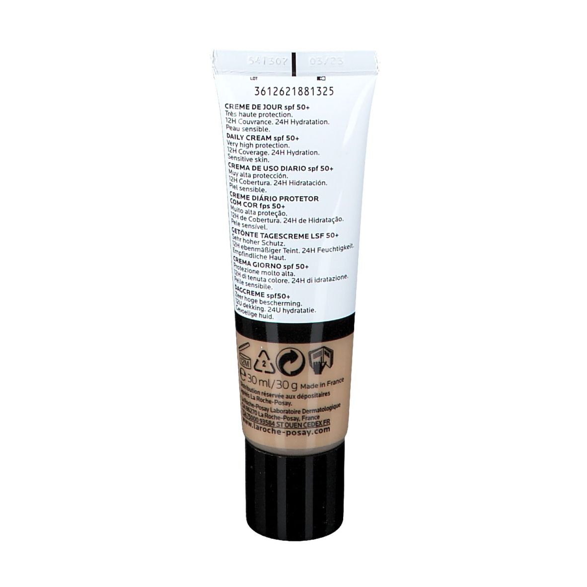 Retro del tubo crema. Informazioni e ingredienti stampati. 30 ml.