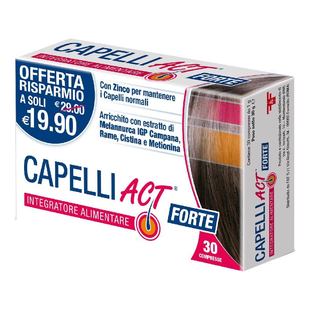 Scatola di integratore alimentare "Capelli Act Forte". Contiene 30 compresse. Scritta: "Integratore Alimentare".