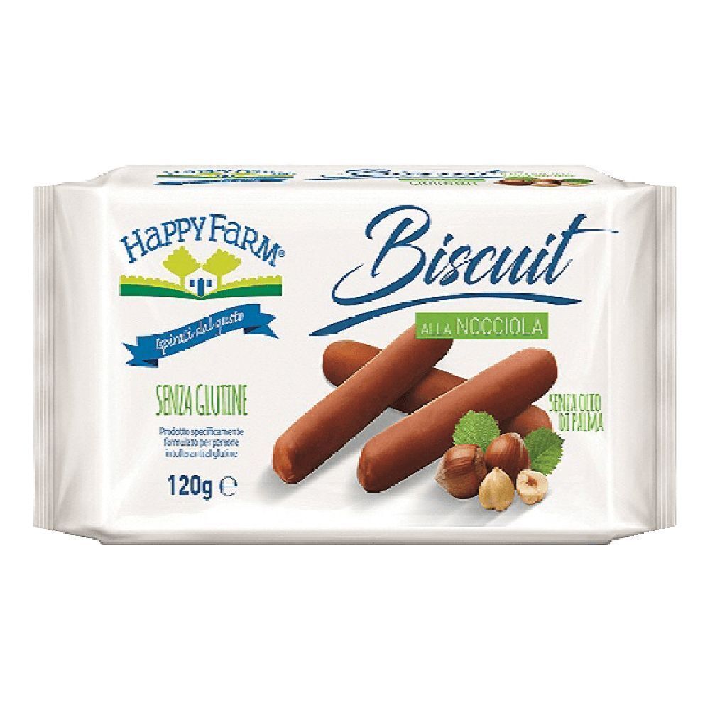 Confezione di biscotti Happy Farm alla Nocciola. Senza glutine. Immagine di biscotti, nocciole e foglie.