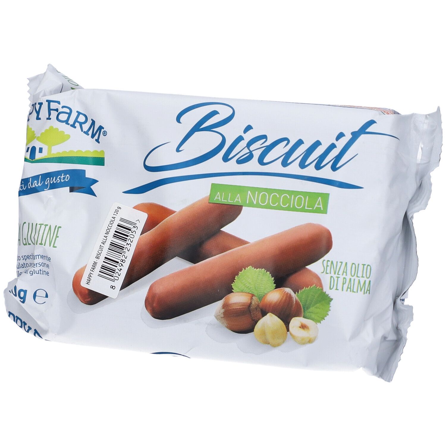 Confezione di biscotti Happy Farm alla Nocciola. Senza glutine. Vista del prodotto con biscotti, nocciole e foglie.