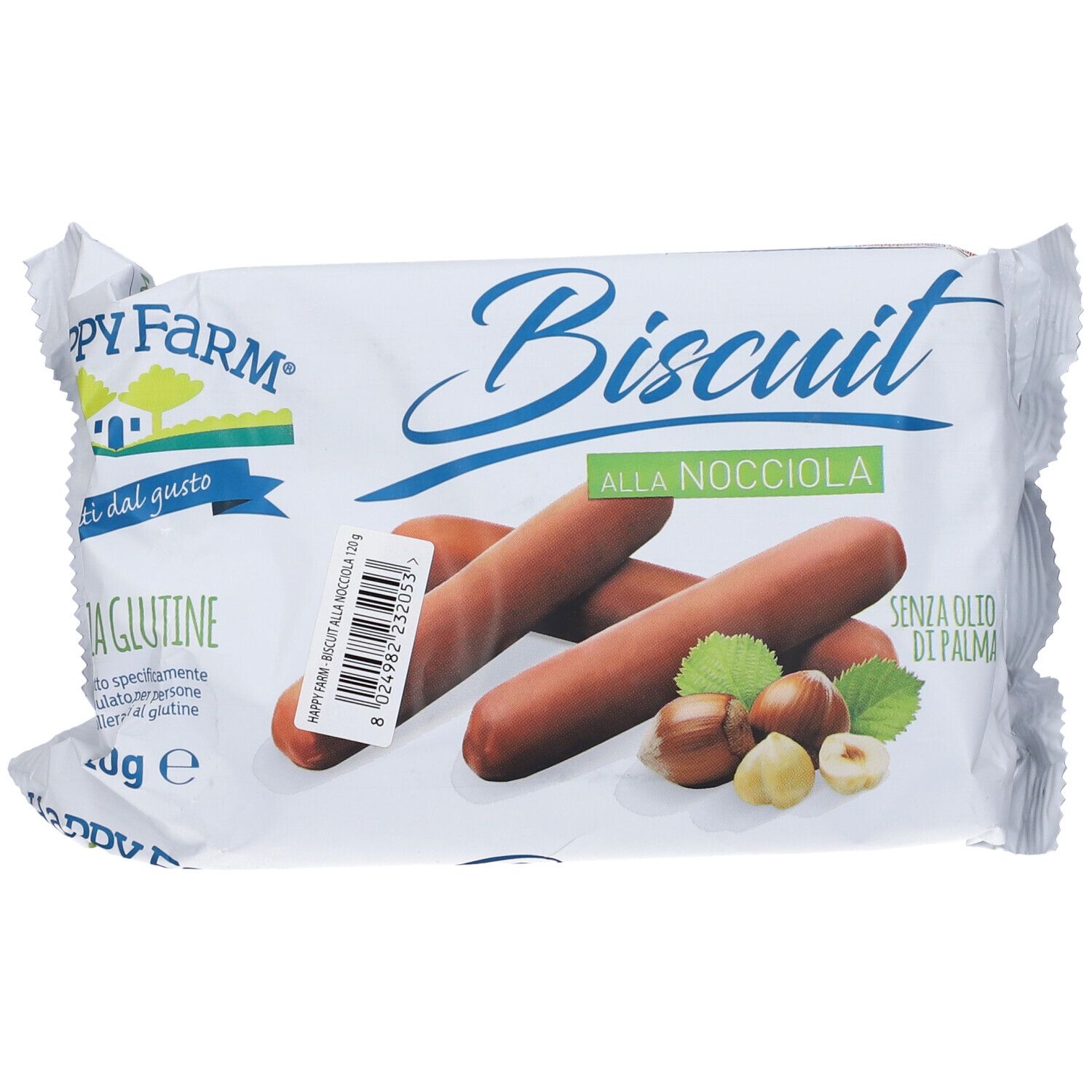 Confezione di biscotti Happy Farm alla Nocciola. Senza glutine. Vista del prodotto con biscotti, nocciole e foglie.