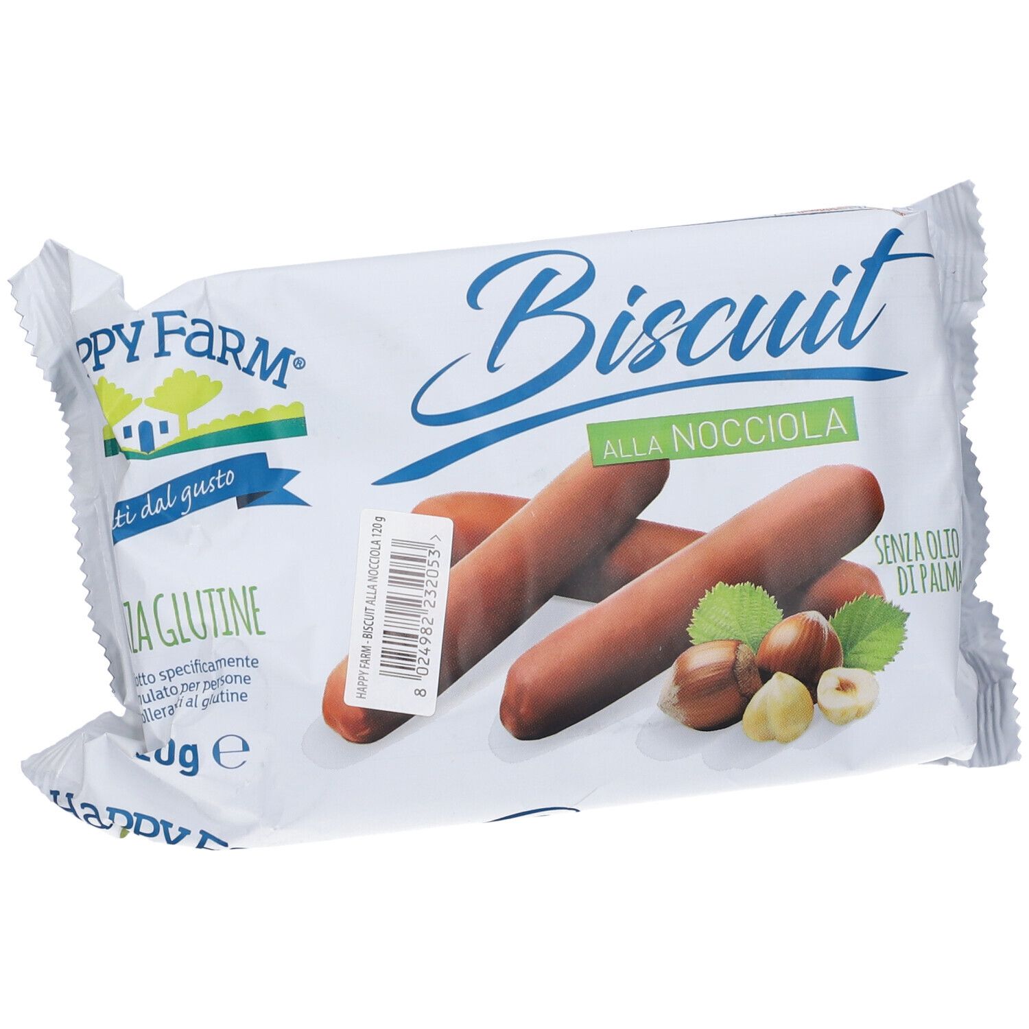 Confezione di biscotti Happy Farm alla Nocciola. Senza glutine. Vista del prodotto con biscotti, nocciole e foglie.