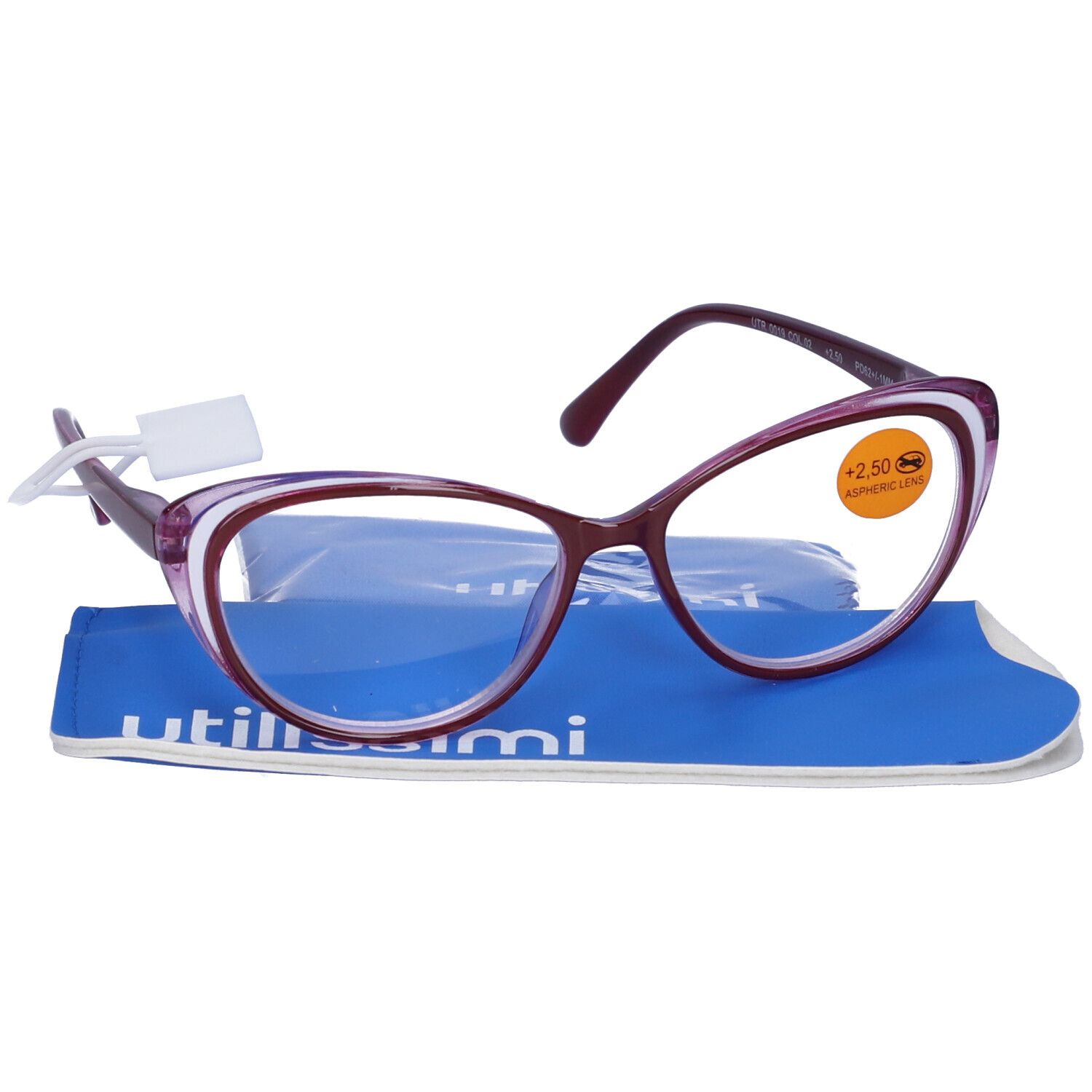 Occhiali viola con custodia blu e panno. Etichetta +2,50 diottrie. Marchio UTILISSIMI visibile.