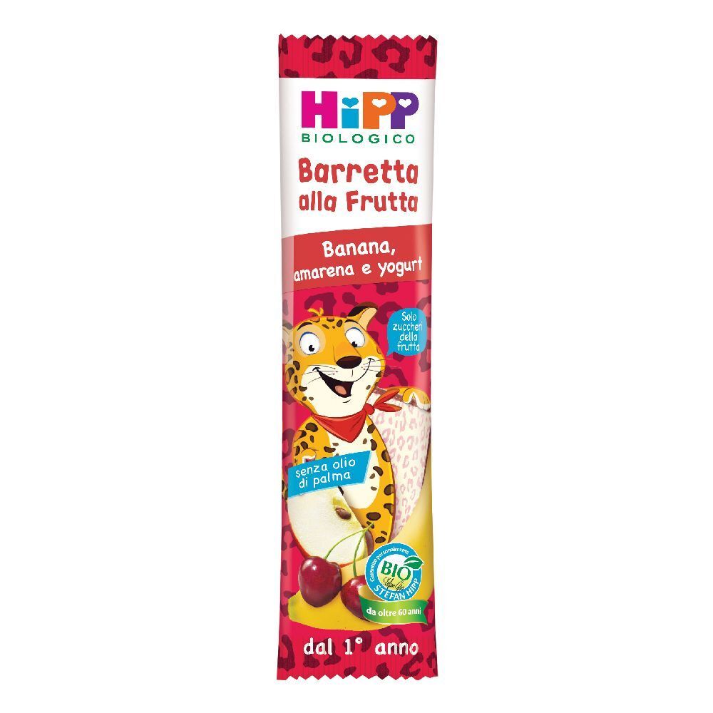 Confezione HiPP Barretta alla Frutta. Illustrazione leopardo, testo: Banana, Amarena e Yogurt. Sigillo bio.