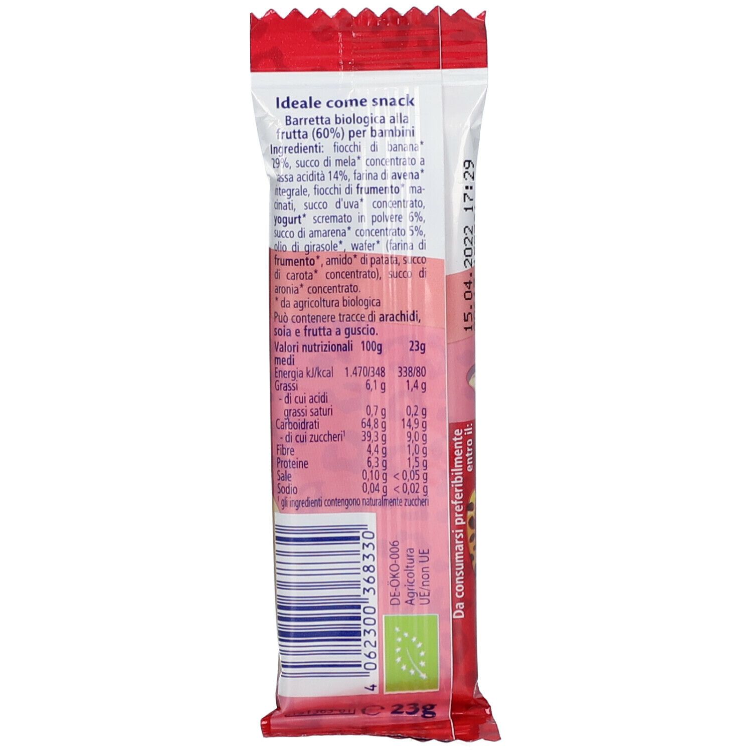 Retro confezione Barretta alla Frutta HiPP. Testo: ingredienti, valori nutrizionali, sigillo bio. Data di scadenza.