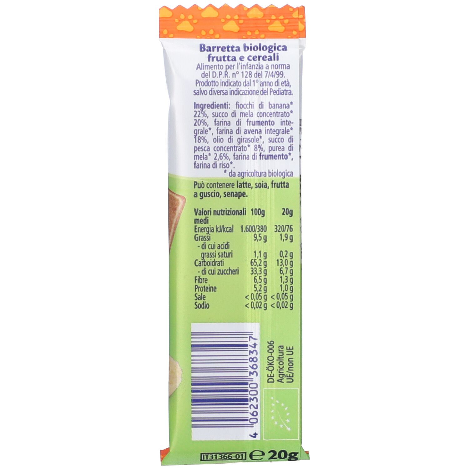 Bio-Frucht- und Müsliriegel, 20g. Enthält Nährwertangaben und Bio-Siegel.