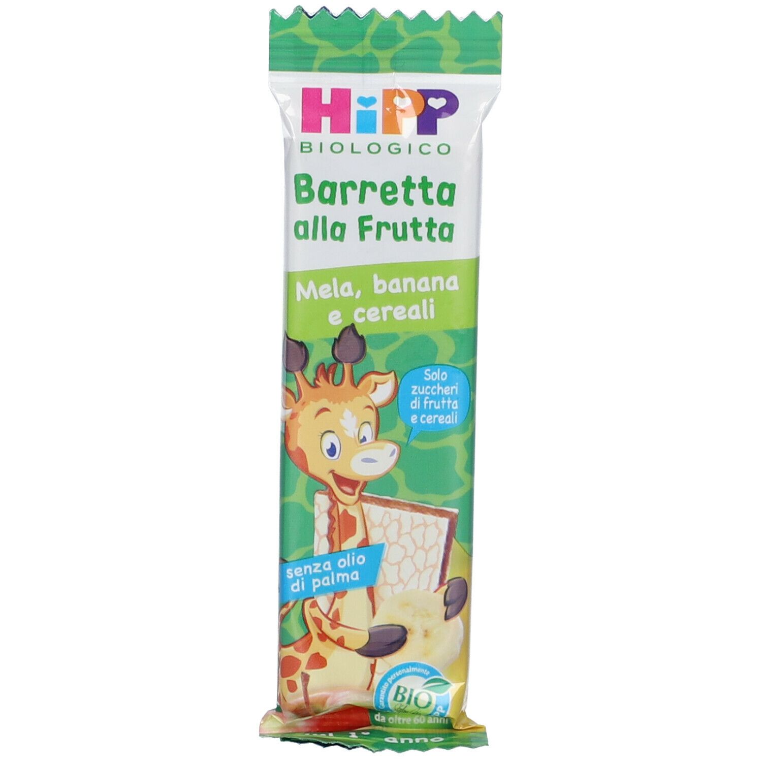 Confezione di barretta alla frutta. Scritta: HiPP Biologico Barretta alla Frutta Mela, Banana e Cereali. Illustrazione di una giraffa.