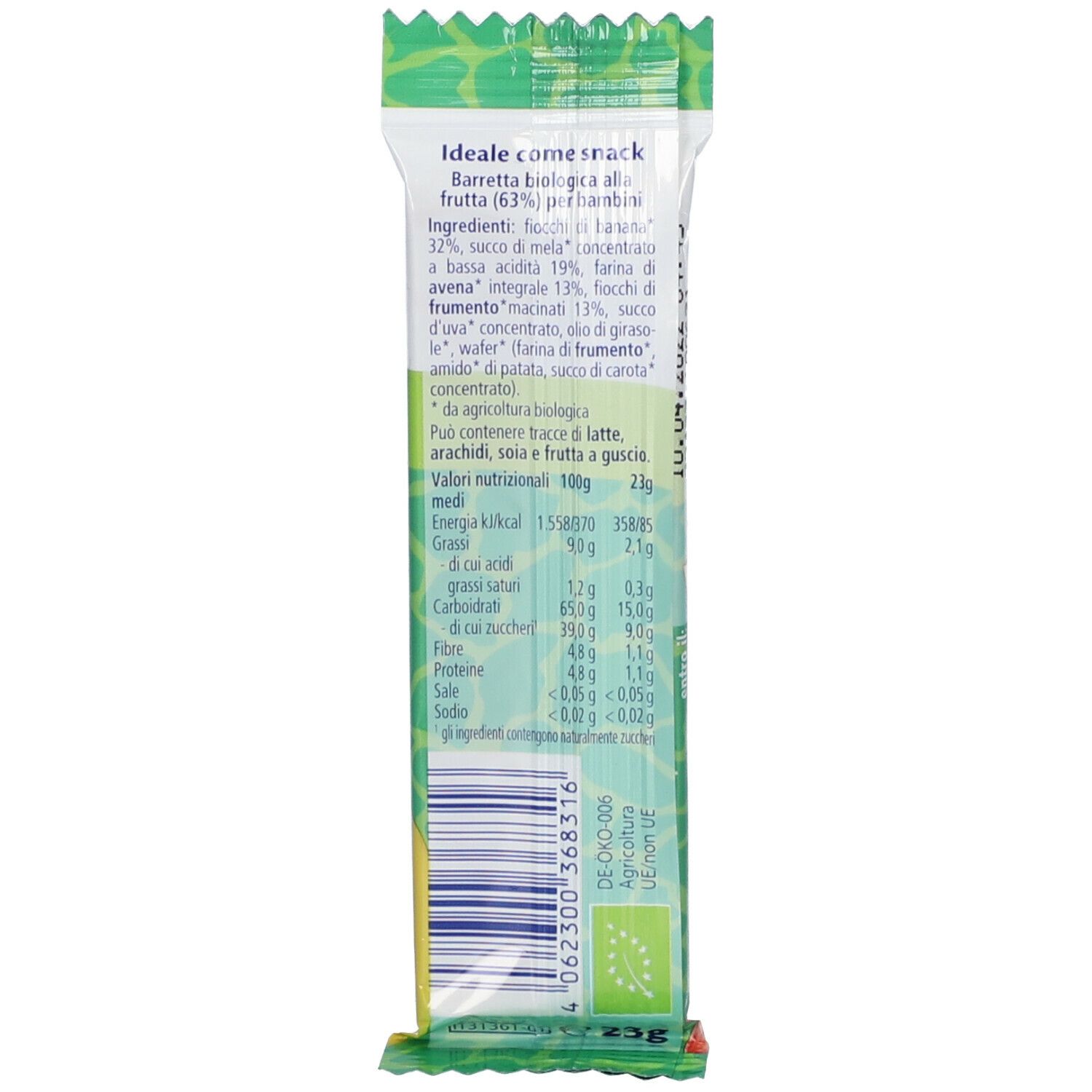 Retro della confezione della barretta alla frutta. Testo con ingredienti e valori nutrizionali. Sigillo biologico.