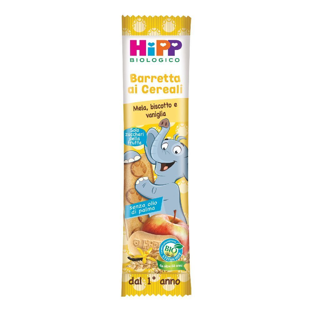 Confezione di HiPP Biologico Barretta ai Cereali. Giallo-bianca, con nome del prodotto e illustrazione di un elefante.