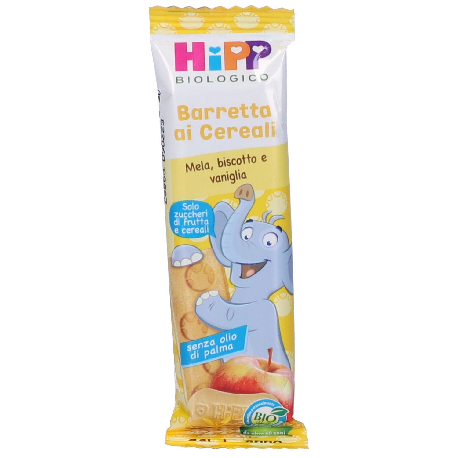 Confezione HiPP Biologico Barretta ai Cereali, vista frontale. Giallo-bianca, con nome e illustrazione di un elefante.