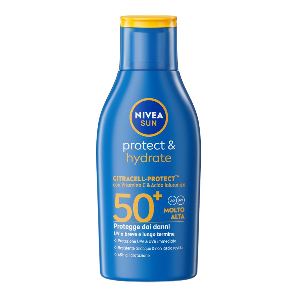 Crema solare Nivea Sun Protect & Hydrate SPF 50+ in flacone blu con tappo giallo.