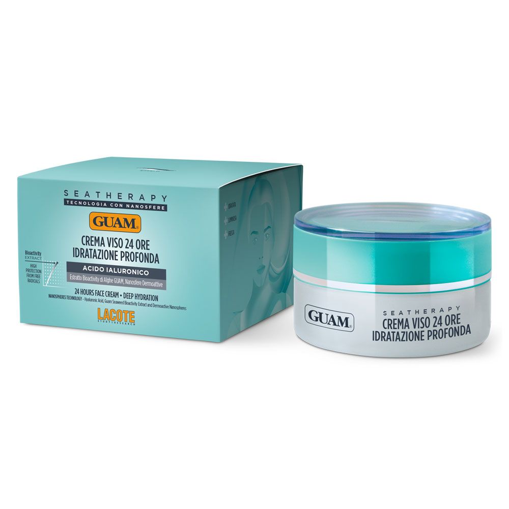 Crema GUAM® Seatherapy, barattolo e confezione. Scritta: Crema Viso 24 Ore, Idratazione Profonda. Con acido ialuronico.