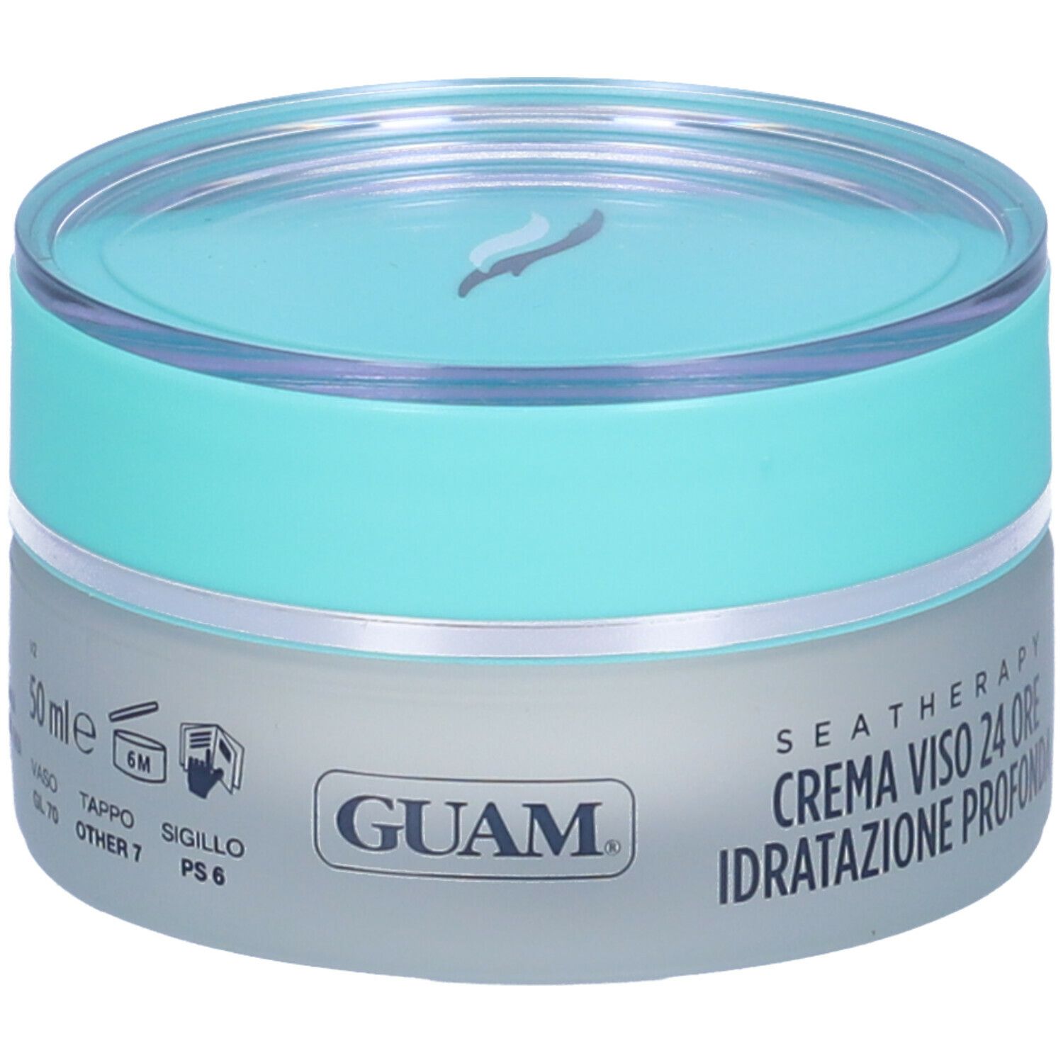 Primo piano della crema GUAM® Seatherapy. Scritta: Crema Viso 24 Ore, Idratazione Profonda. Con acido ialuronico. 50 ml.