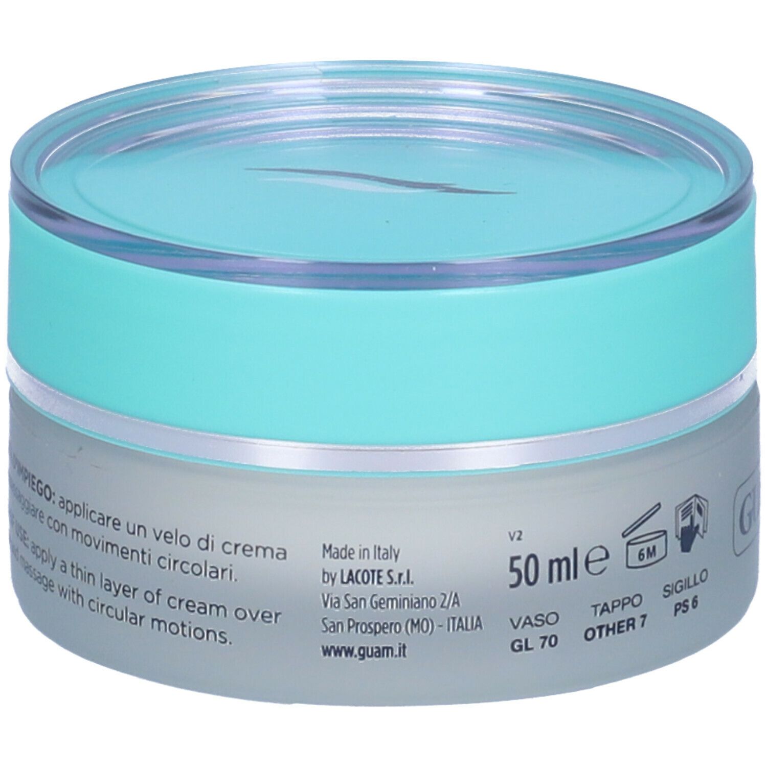 Primo piano della crema GUAM® Seatherapy. Scritta: Crema Viso 24 Ore, Idratazione Profonda. Con acido ialuronico. 50 ml.