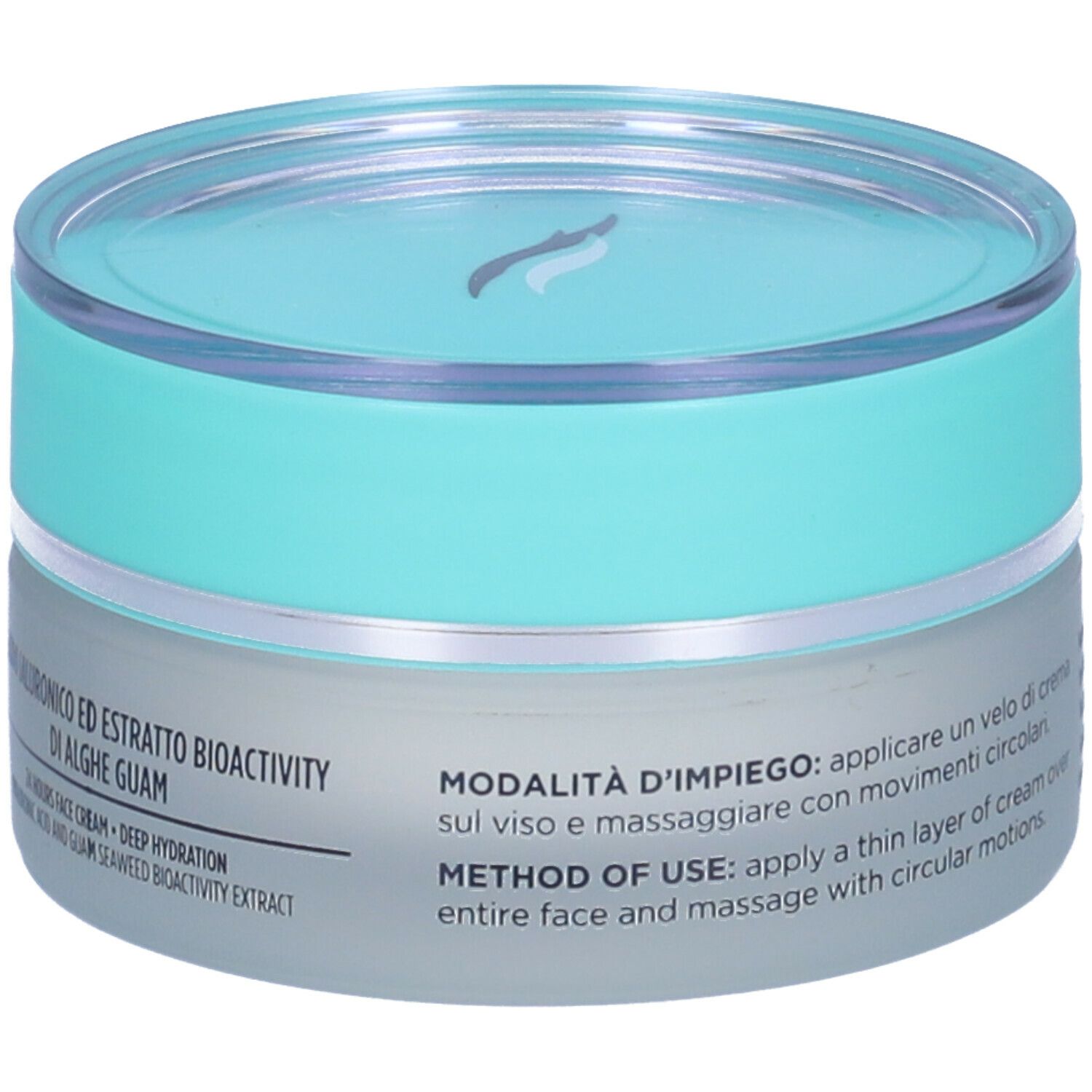 Primo piano della crema GUAM® Seatherapy. Scritta: Crema Viso 24 Ore, Idratazione Profonda. Con acido ialuronico. 50 ml.