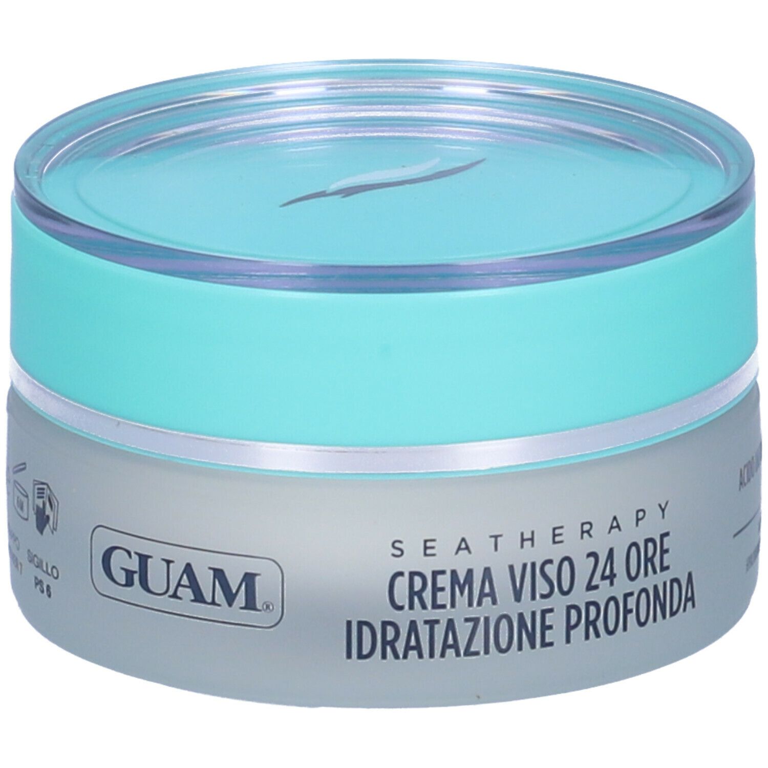 Primo piano della crema GUAM® Seatherapy. Scritta: Crema Viso 24 Ore, Idratazione Profonda. Con acido ialuronico. 50 ml.