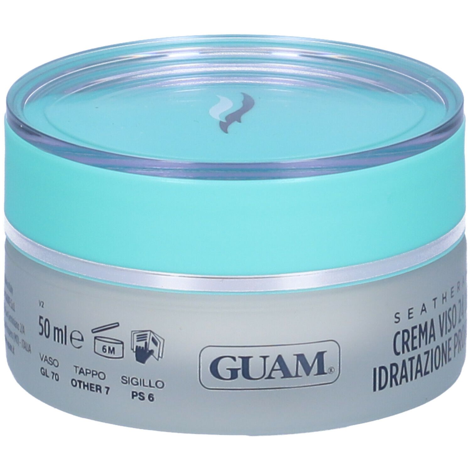 Primo piano della crema GUAM® Seatherapy. Scritta: Crema Viso 24 Ore, Idratazione Profonda. Con acido ialuronico. 50 ml.