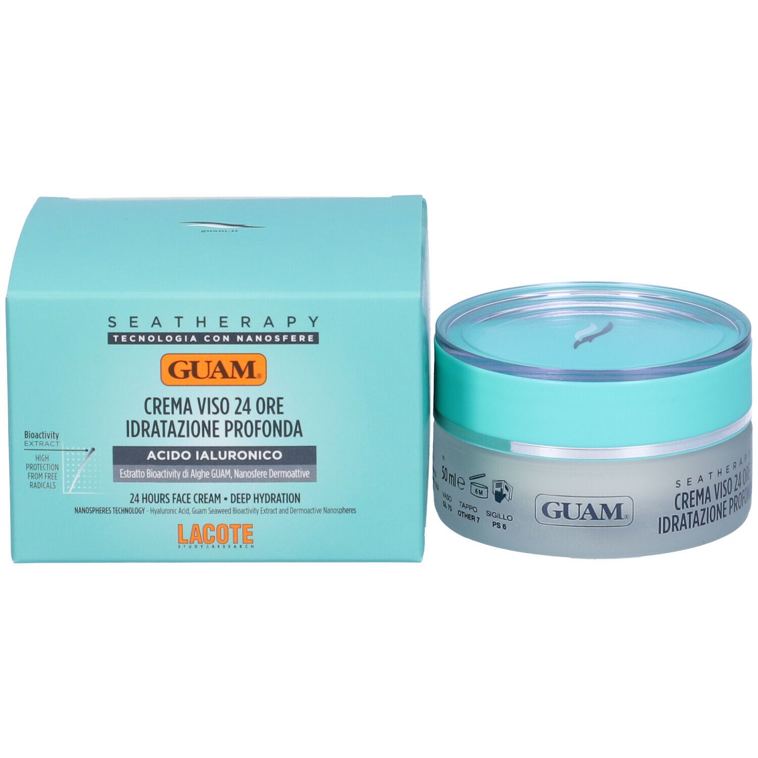 Crema GUAM® Seatherapy, barattolo e confezione. Scritta: Crema Viso 24 Ore, Idratazione Profonda. Con acido ialuronico. 50 ml.