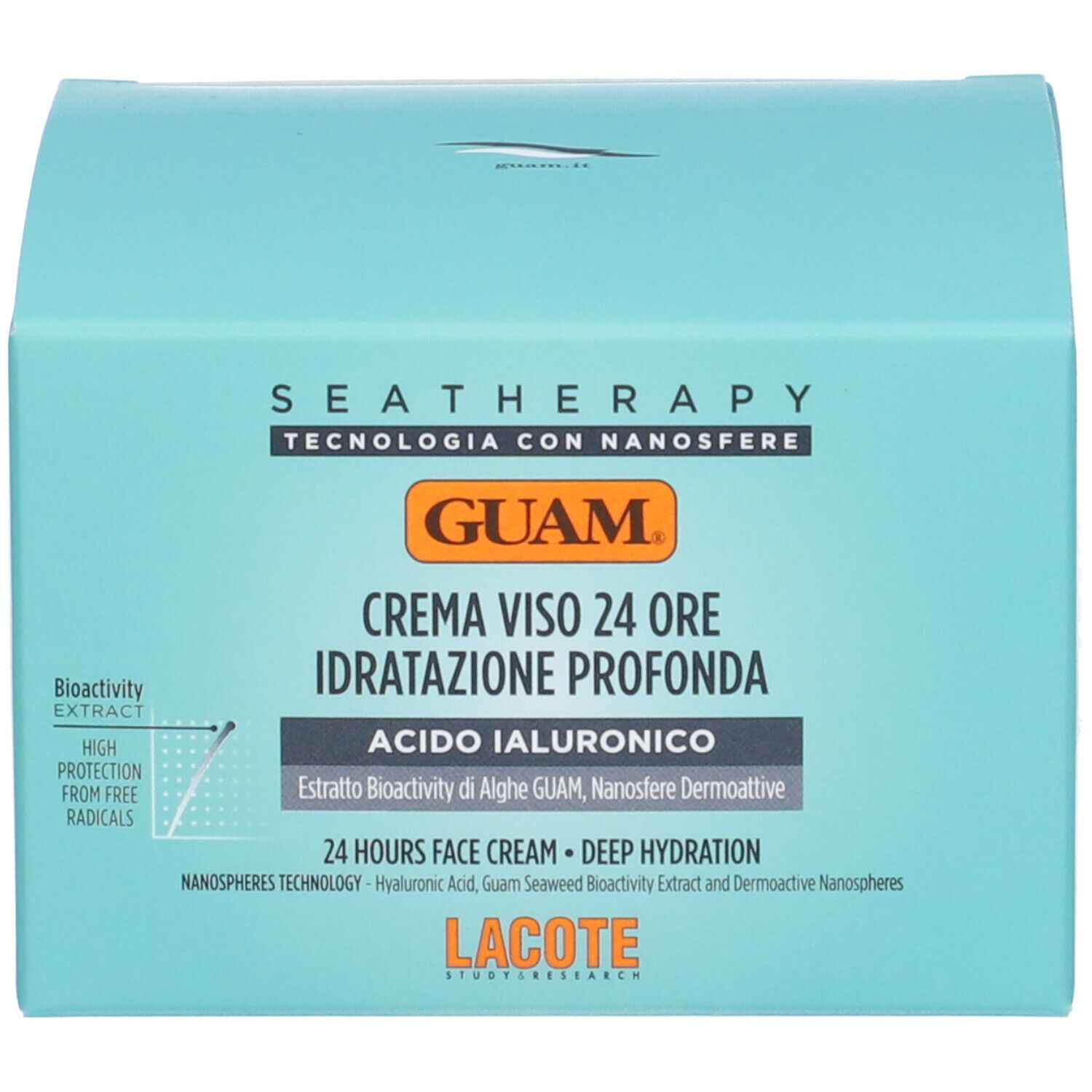 Confezione della crema GUAM® Seatherapy. Scritta: Crema Viso 24 Ore, Idratazione Profonda. Con acido ialuronico. Lacote.