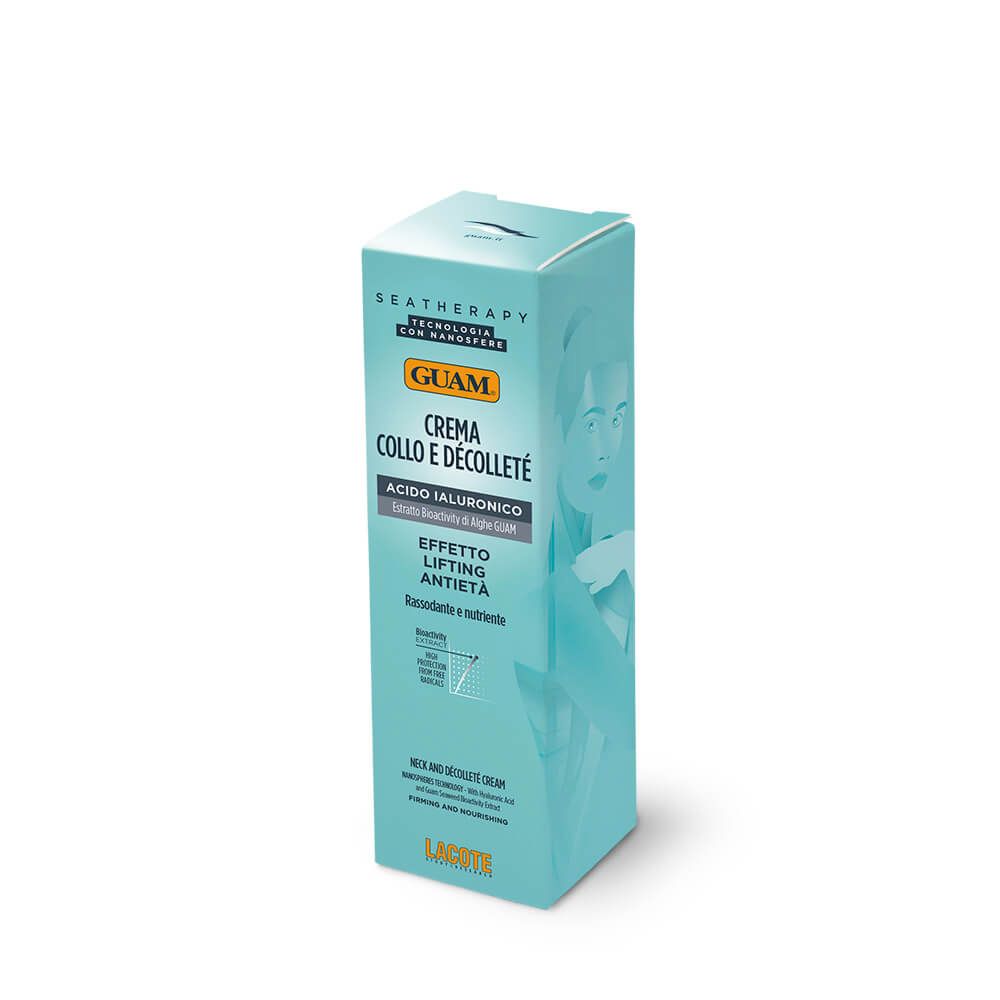 Scatola turchese con nome prodotto GUAM Crema Collo e Décolleté. Testo e illustrazione di una donna.