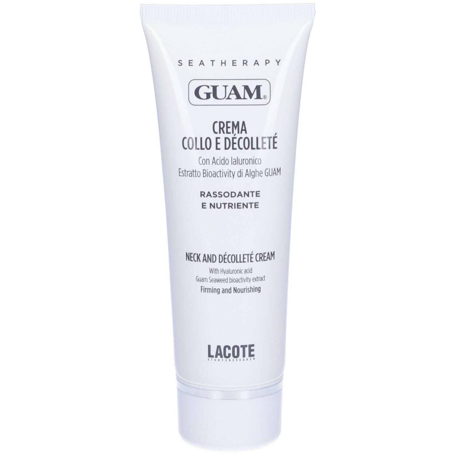 Tubo bianco con nome prodotto GUAM Crema Collo e Décolleté. Testo e logo.