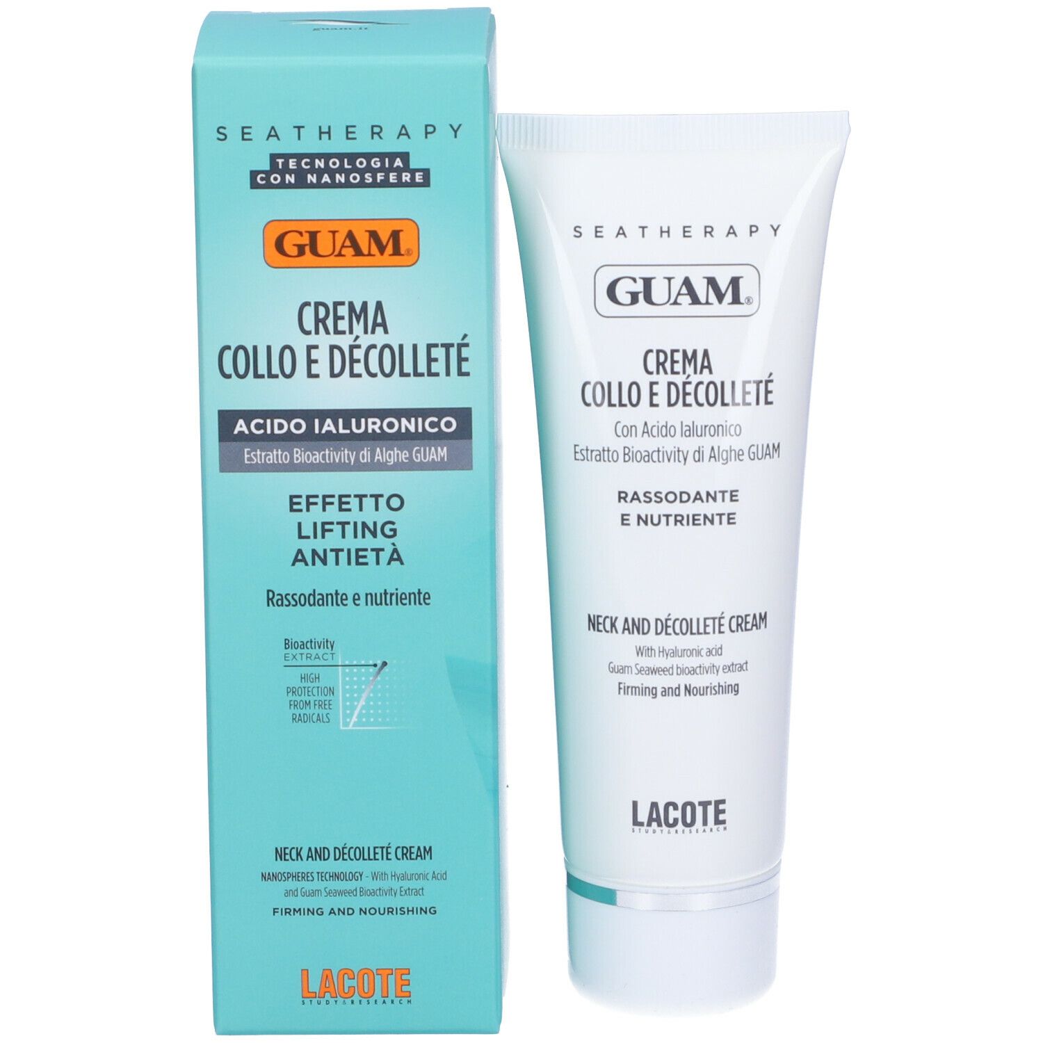 Prodotto GUAM Crema Collo e Décolleté con confezione. Testo e logo.