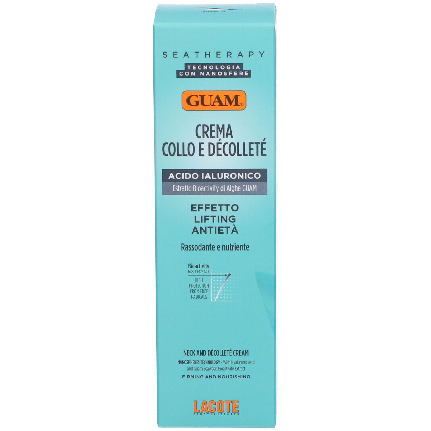Scatola turchese con nome prodotto GUAM Crema Collo e Décolleté. Testo e logo.
