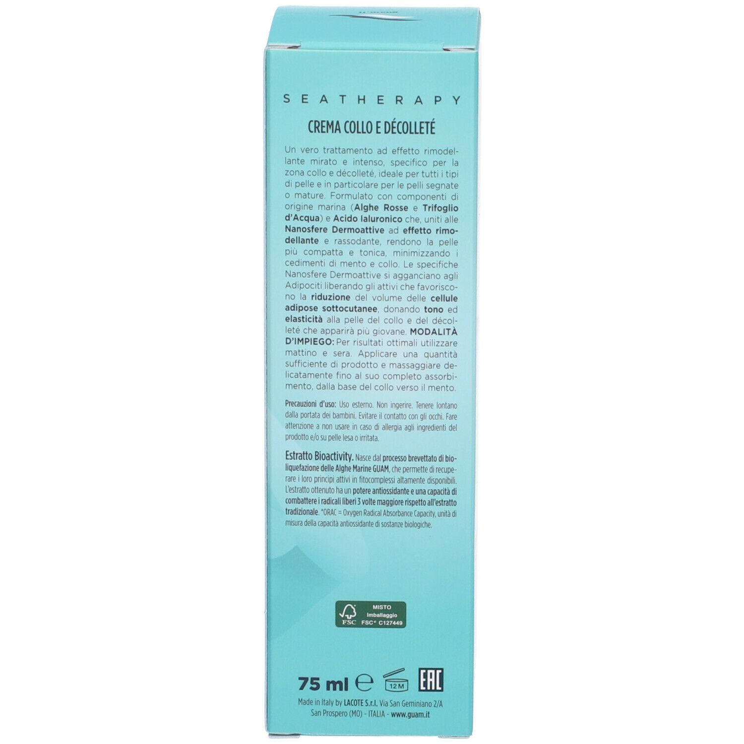 Retro della scatola con testo. Nome prodotto GUAM Crema Collo e Décolleté. Ingredienti e modalità d'uso.