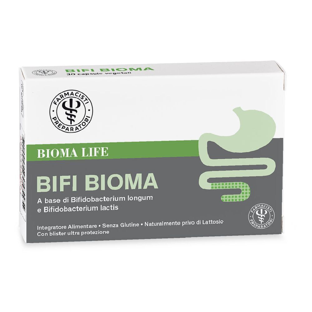 Scatola bianca con dettagli verdi. Scritto: BIFI BIOMA, BIOMA LIFE. Contiene 30 capsule. Logo dei farmacisti.