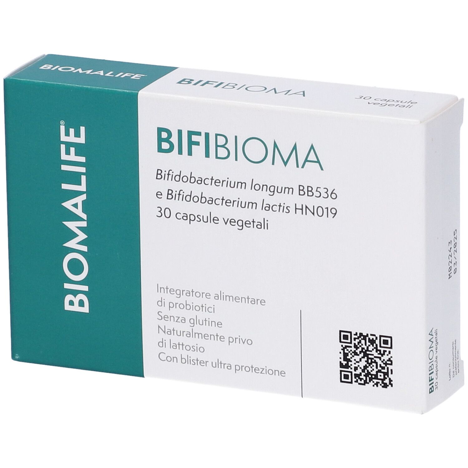 Scatola bianca con fascia verde. Scritto: BIFI BIOMA, BIOMALIFE. Contiene 30 capsule. Codice QR.