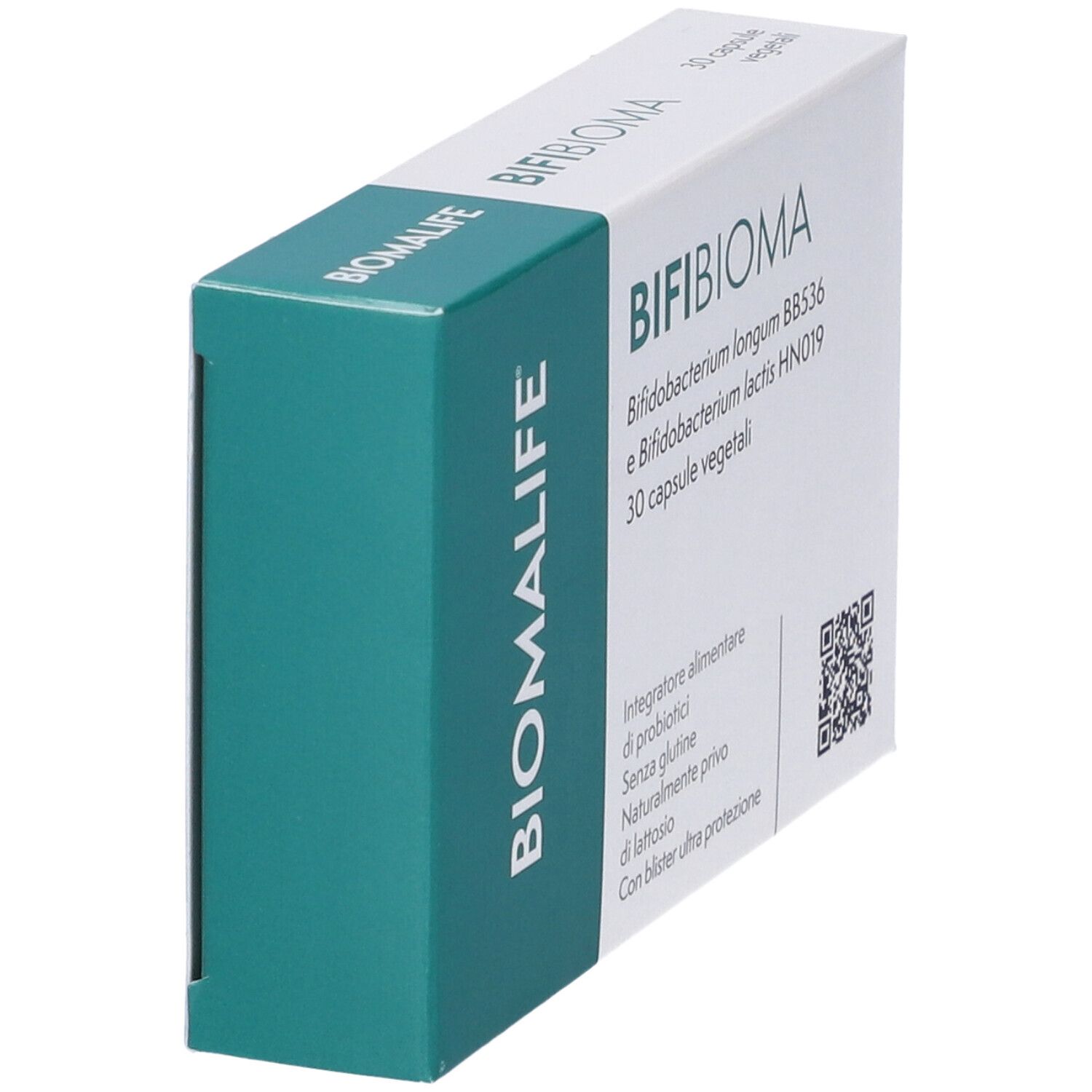 Scatola bianca con fascia verde. Scritto: BIFI BIOMA, BIOMALIFE. Contiene 30 capsule. Codice QR.