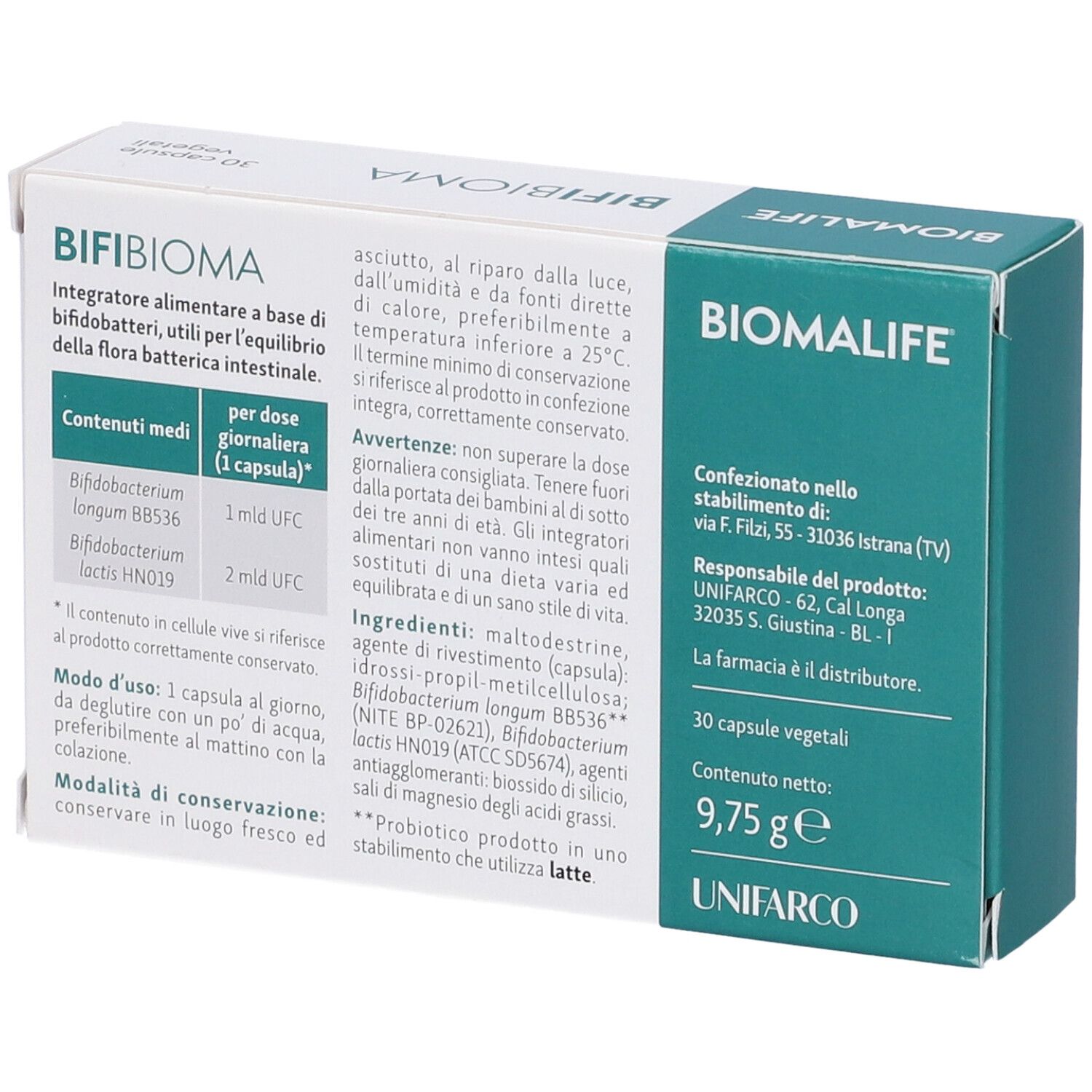 Retro della scatola bianca. Scritto: BIFI BIOMA, BIOMALIFE. Contiene 30 capsule. Ingredienti e istruzioni per l'uso.