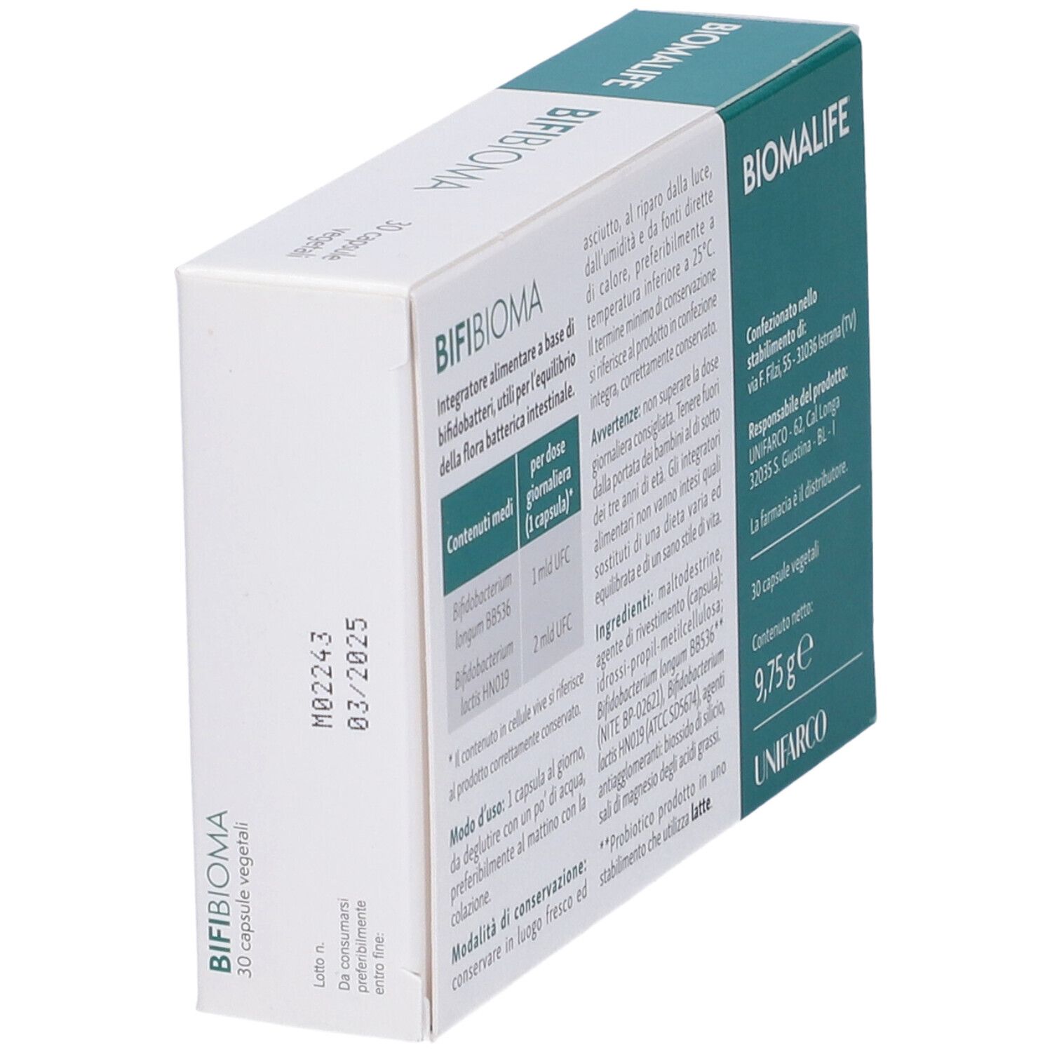 Scatola con scritta BIFI BIOMA, BIOMALIFE. Contiene 30 capsule. Ingredienti e istruzioni per l'uso.