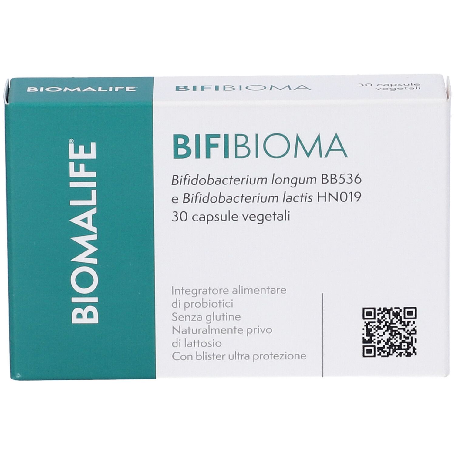 Scatola bianca con fascia verde. Scritto: BIFI BIOMA, BIOMALIFE. Contiene 30 capsule. Codice QR.