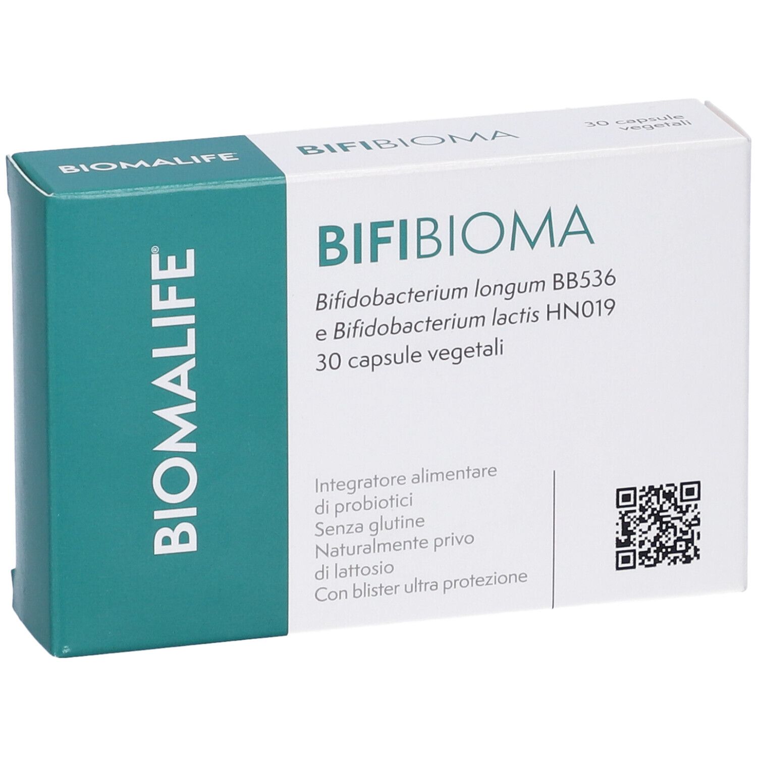 Scatola bianca con fascia verde. Scritto: BIFI BIOMA, BIOMALIFE. Contiene 30 capsule. Codice QR.