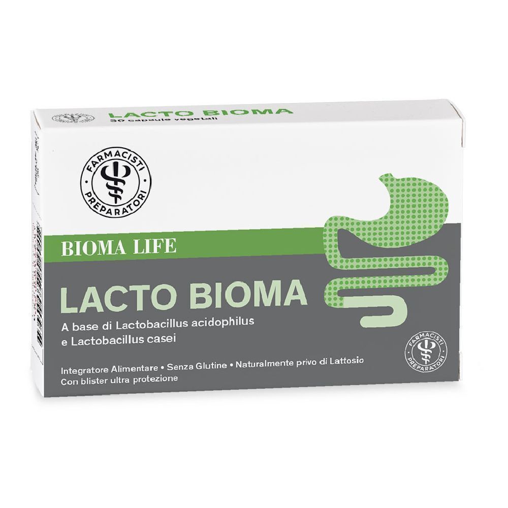 Scatola bianca con dettagli verdi. Scritto: LACTO BIOMA, BIOMA LIFE. Contiene 30 capsule. Logo: simbolo farmacia.