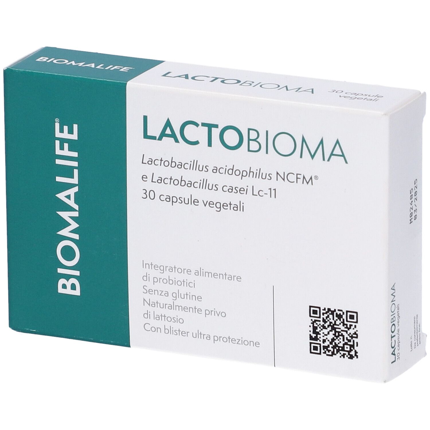 Scatola bianca con lato verde. Scritto: LACTO BIOMA, BIOMALIFE. Contiene 30 capsule. Codice QR. Testo: Integratore alimentare.