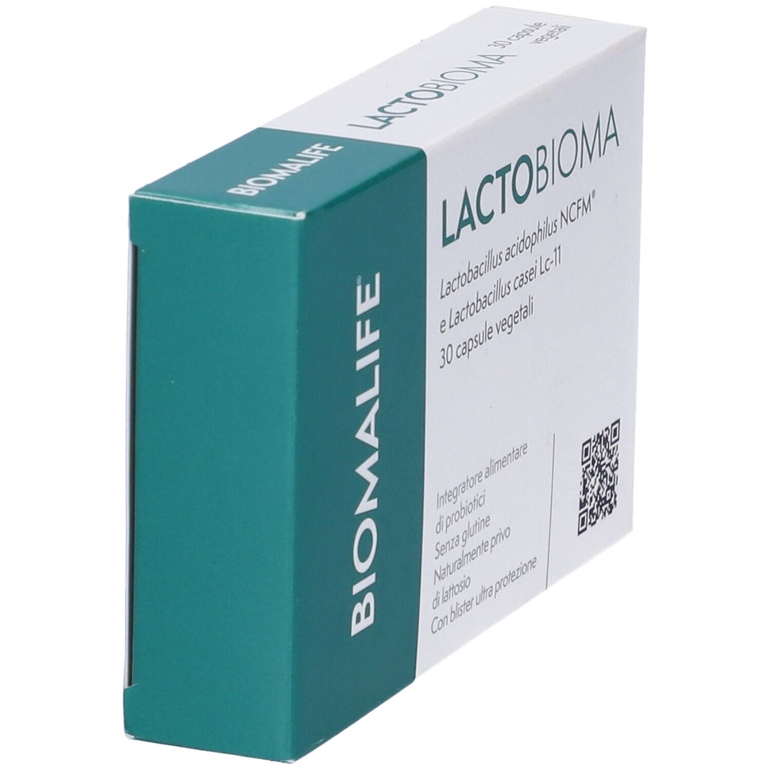 Scatola bianca con lato verde. Scritto: LACTO BIOMA, BIOMALIFE. Contiene 30 capsule. Codice QR. Testo: Integratore alimentare.