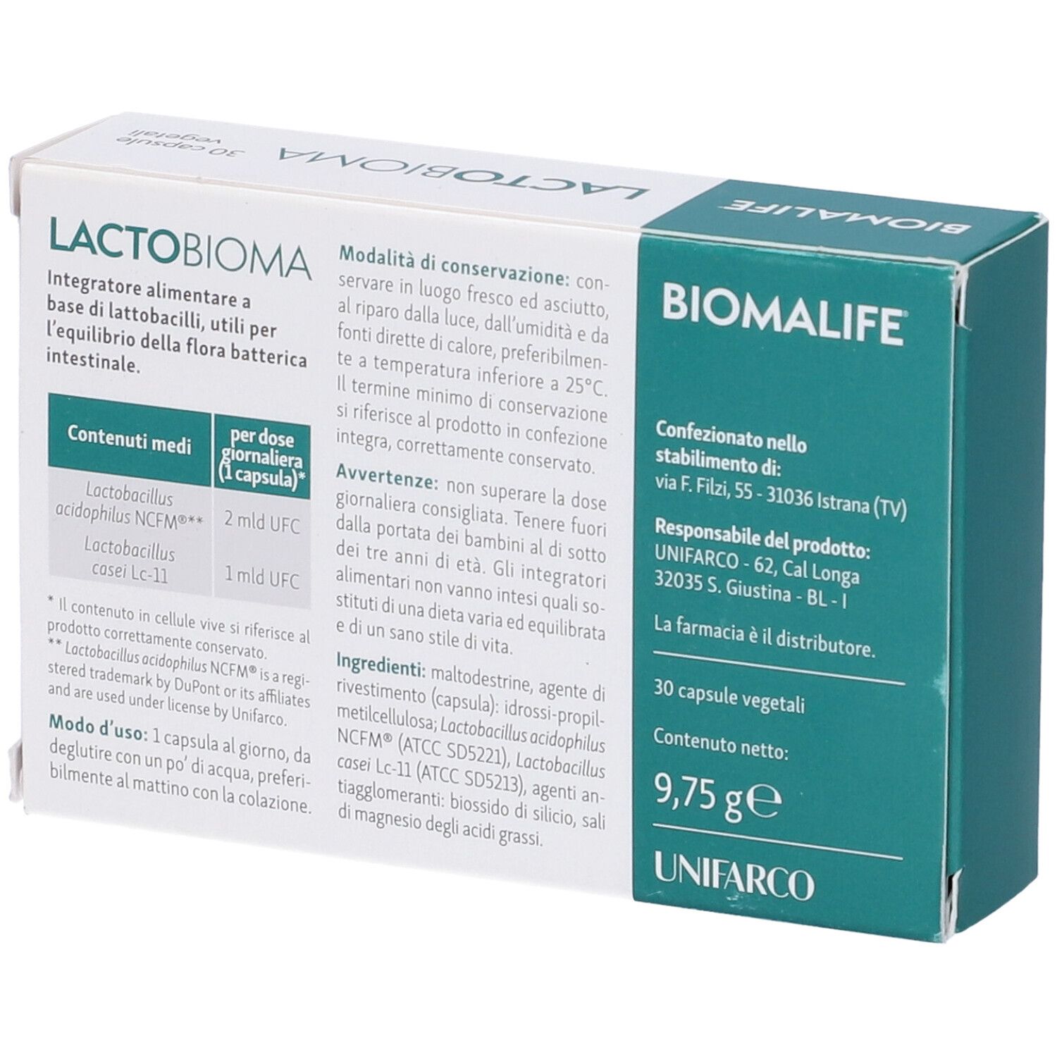 Retro della scatola bianca. Scritto: LACTO BIOMA. Testo su ingredienti, uso e produttore. Contiene 30 capsule.