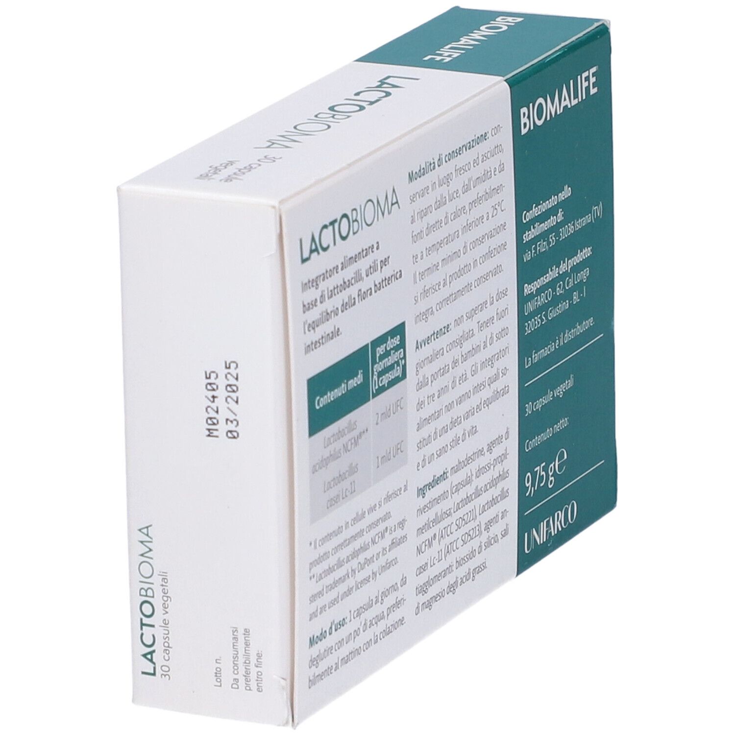 Vista obliqua della scatola bianca. Scritto: LACTO BIOMA, BIOMALIFE. Contiene 30 capsule. Testo: Integratore alimentare.