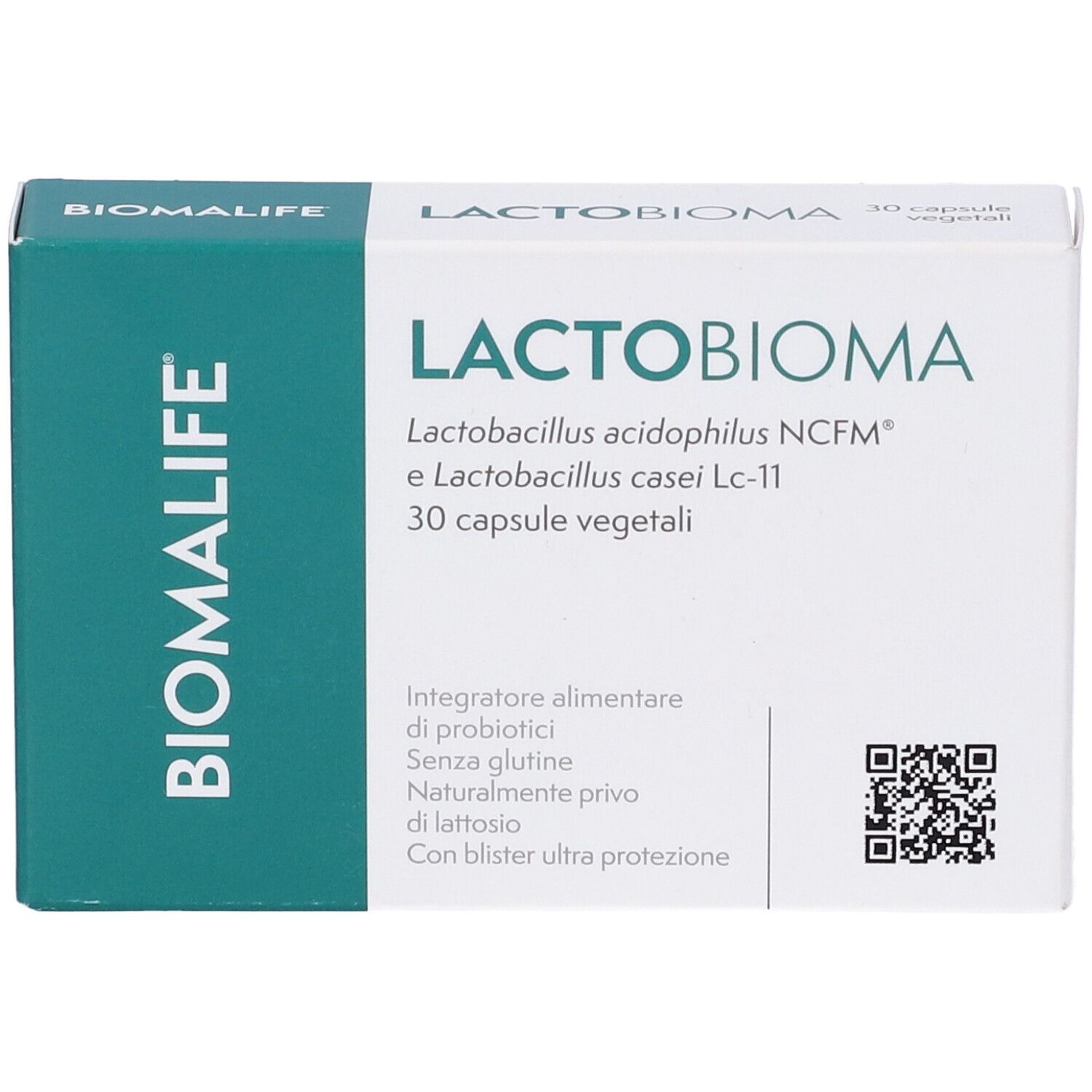 Scatola bianca con lato verde. Scritto: LACTO BIOMA, BIOMALIFE. Contiene 30 capsule. Codice QR. Testo: Integratore alimentare.