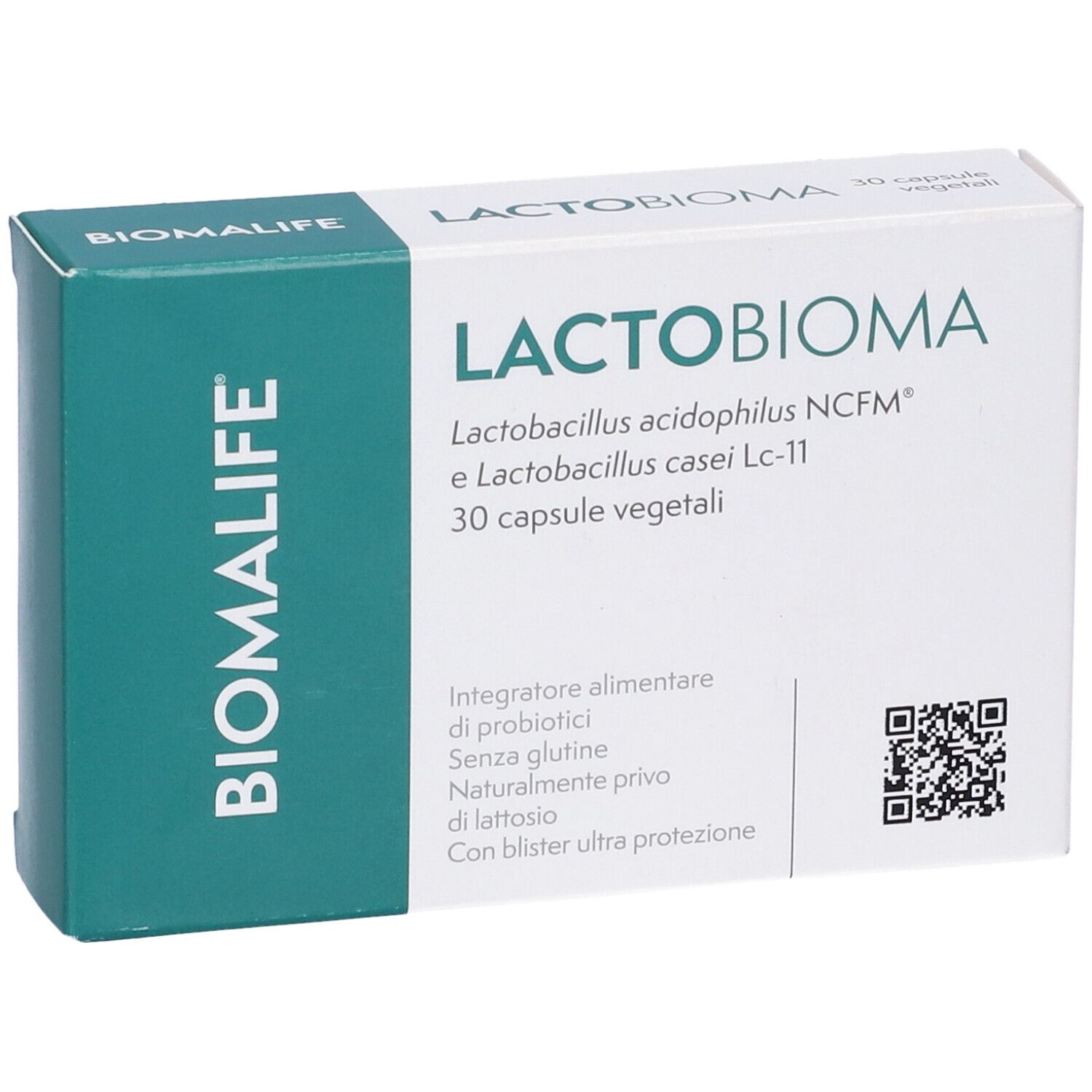 Scatola bianca con lato verde. Scritto: LACTO BIOMA, BIOMALIFE. Contiene 30 capsule. Codice QR. Testo: Integratore alimentare.
