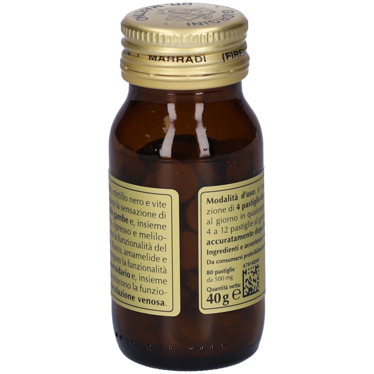 Flacone marrone con tappo dorato. Etichetta con ingredienti e istruzioni per l'uso.