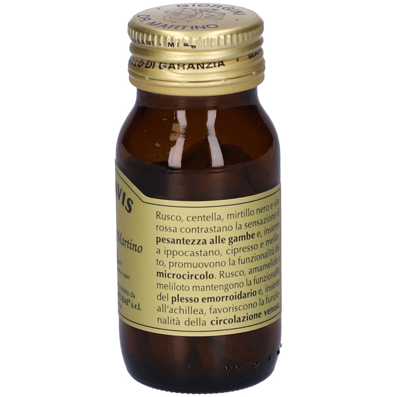 Flacone marrone con tappo dorato. Etichetta con ingredienti e informazioni sul prodotto.