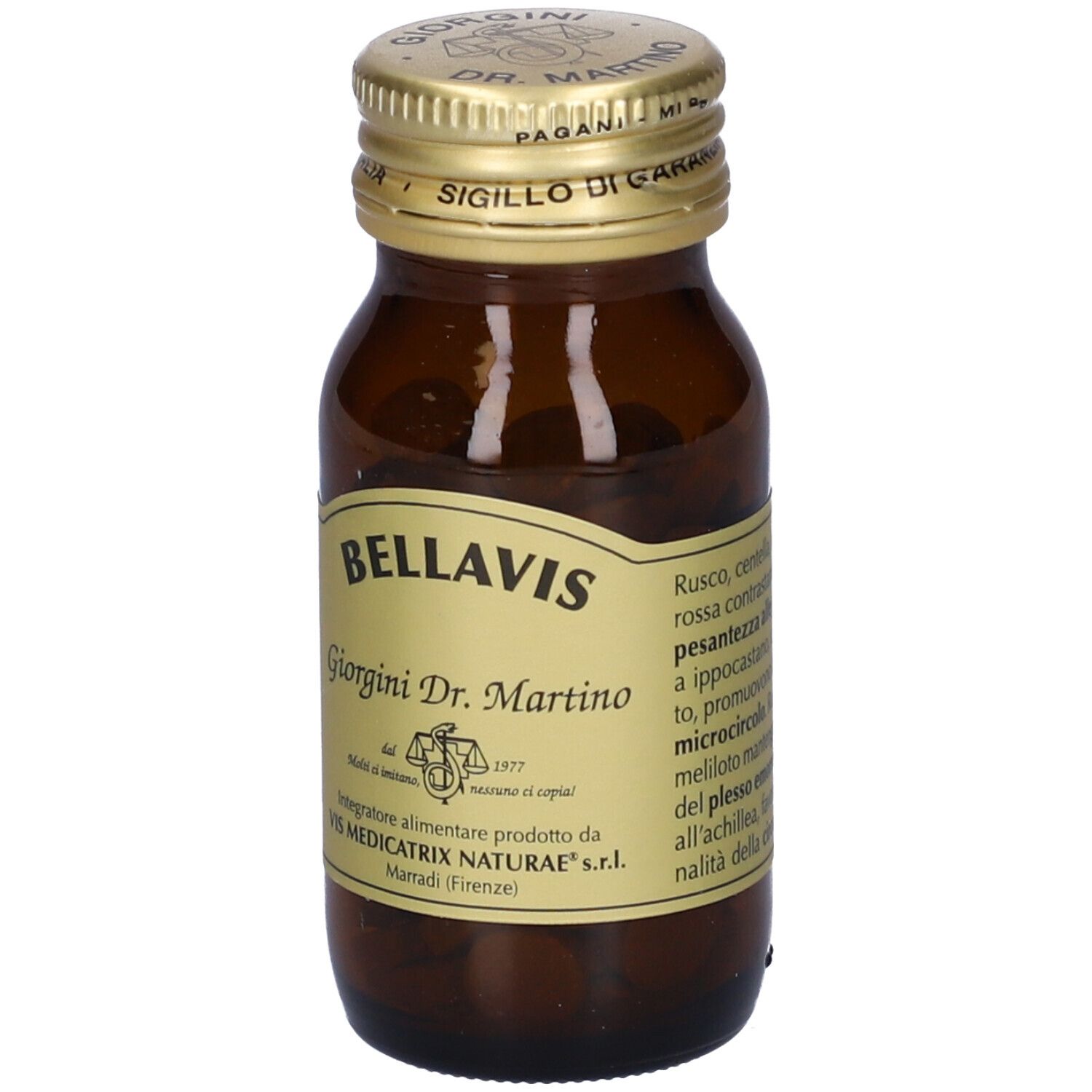 Flacone di vetro marrone con tappo dorato. Etichetta con nome Bellavis e altre informazioni.